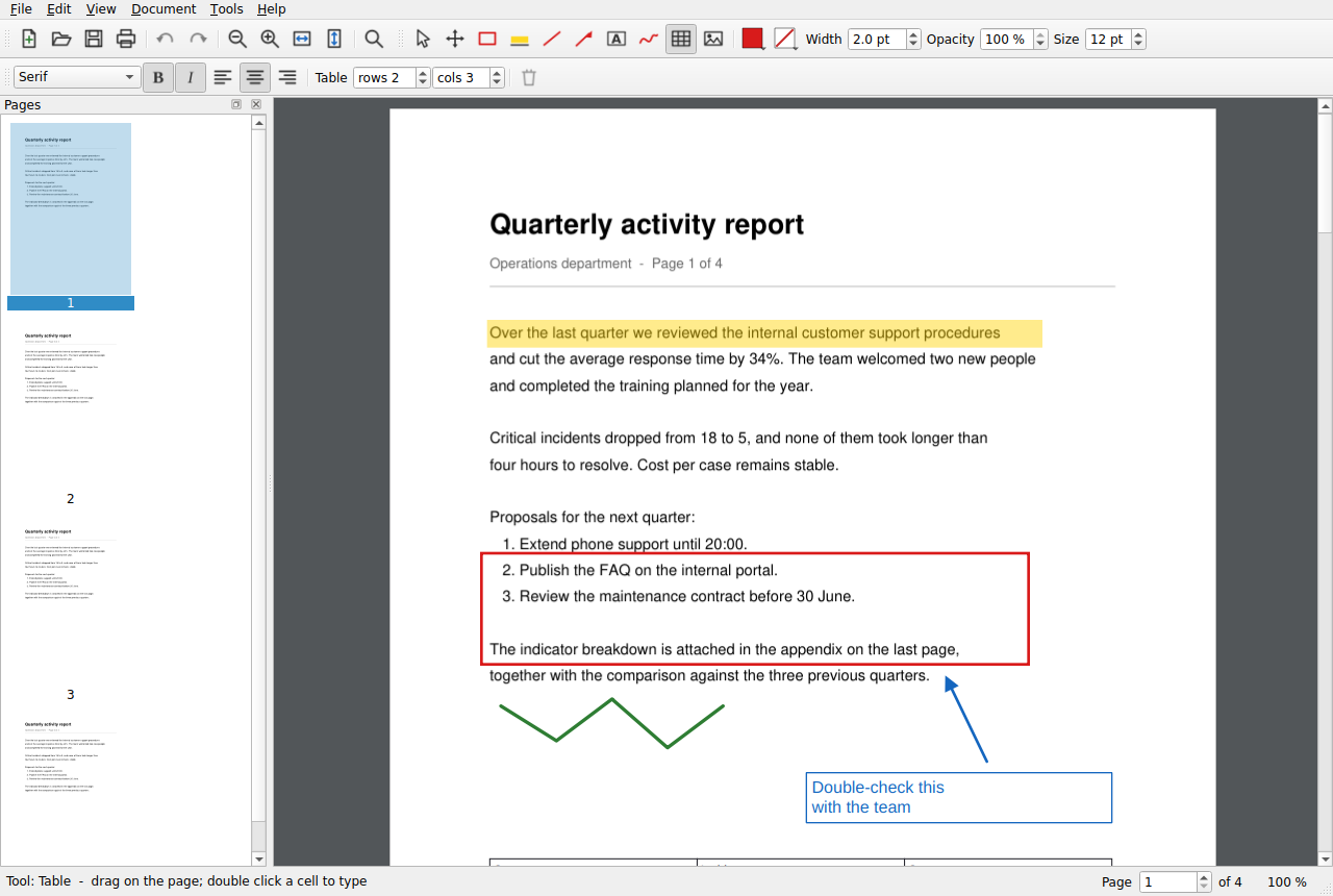 easypdf.surf window showing an annotated report: highlight, box, arrow, note and table